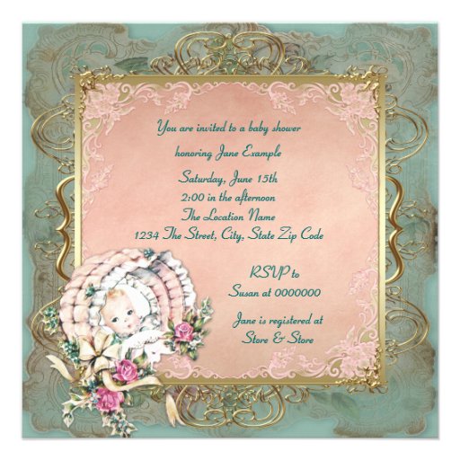 Pink Teal Blue and Gold Vintage Girl Baby Shower Custom Invites
