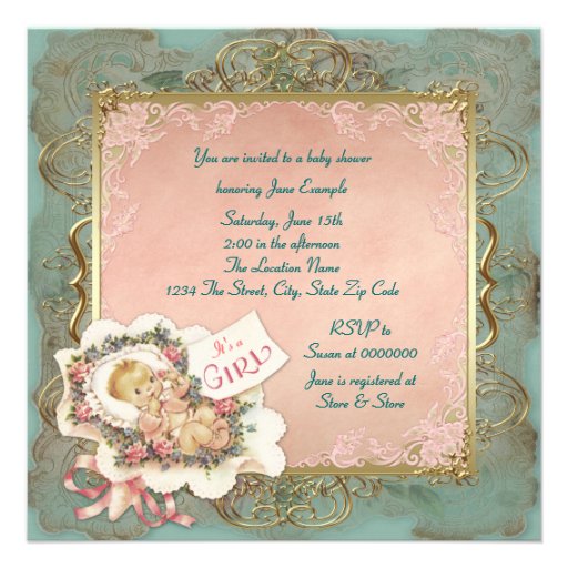 Pink Teal Blue and Gold Vintage Girl Baby Shower Custom Announcements