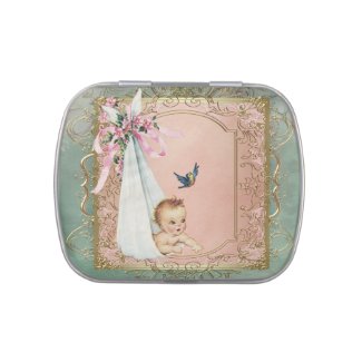 Pink Teal Blue and Gold Vintage Girl Baby Shower Jelly Belly Tin
