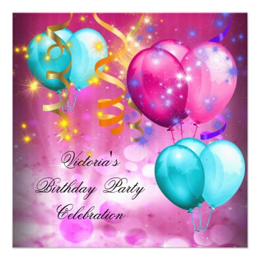 Pink Teal Blue Balloons Streamers Birthday Party 5.25x5.25 Square Paper 