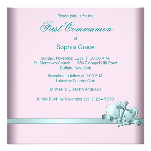 Pink Teal Blue Photo First Communion Invitations