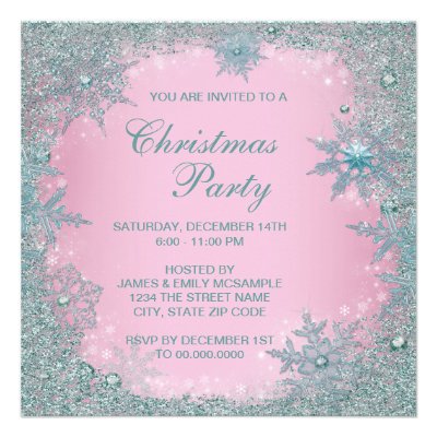 Pink Teal Blue Snowflake Christmas Party Personalized Invites