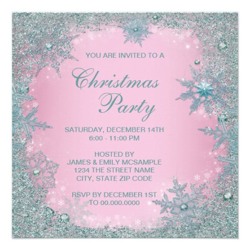 Pink Teal Blue Snowflake Christmas Party Personalized Invites