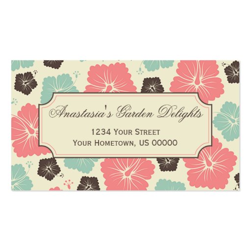 Pink, Teal, Brown, Ivory Hibiscus Tropical Flowers Business Card Template