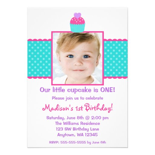 Pink Teal Cupcake 1st Birthday Girl Photo Custom Invitations
