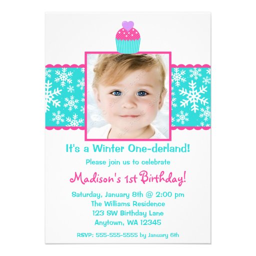 Pink Teal Cupcake Snowflake Birthday Girl Photo Card