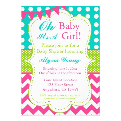 Pink Teal Green Baby Shower Invite