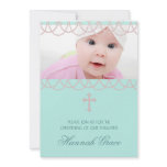 Pink Teal Pearl Cross Baby Girl Photo Christening Invitation