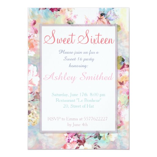 Pink Teal Watercolor Chic Floral Pattern Sweet 16 Cards (front side)