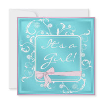 Pink Teal White Baby Girl Shower Invitations