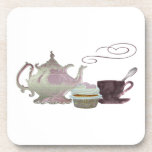 Pink Teapot, Teacup and Cupcake Art cork coasters