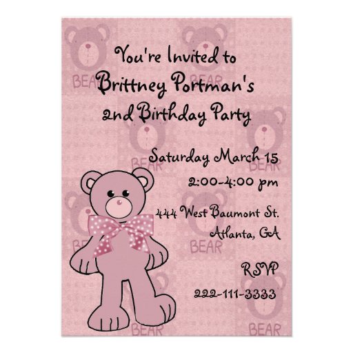 Pink Teddy Bear Birthday Invitation