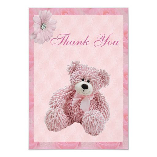 Pink Teddy Bear & Flowers Thank You Baby Shower Card Zazzle