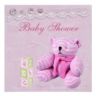 Pink Teddy Bear Vintage Lace Baby Girl Shower Invite