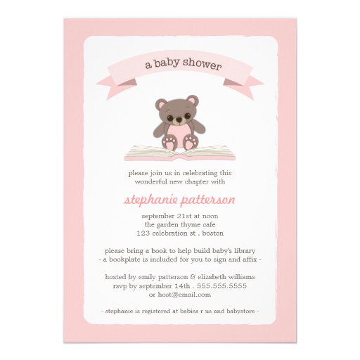 Pink Teddybear Bring a Book Baby Shower Invitation