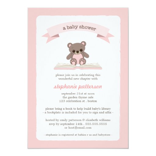 Pink Teddybear Bring a Book Baby Shower Invitation | Zazzle