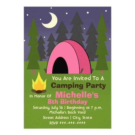Pink Tent Camping Birthday Party Invitation