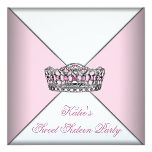 Pink Tiara Classy White Sweet Sixteen Party Announcements