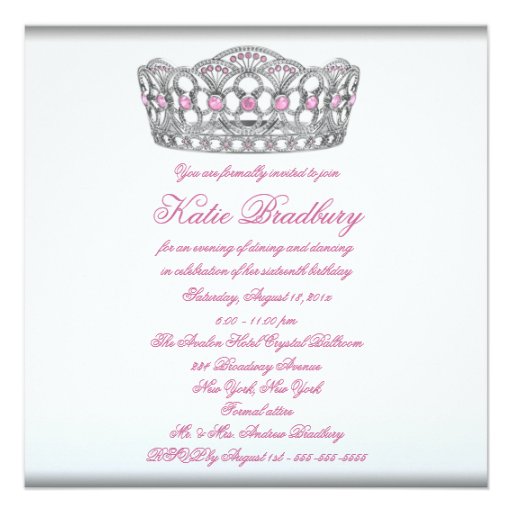 Pink Tiara Classy White Sweet Sixteen Party Announcements