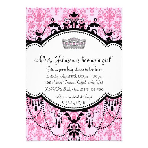 Pink Tiara Pink Black Damask Baby Shower Personalized Announcements