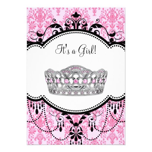 Pink Tiara Pink Black Damask Baby Shower Personalized Announcements