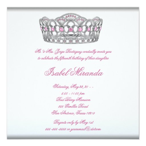 Pink Tiara Quinceanera 15th Birthday Party Personalized Invite