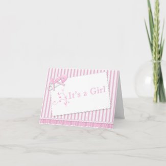 Pink Ticking and Ruffles Birth Announcement Greeting Card