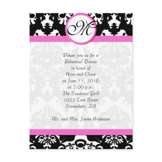 Pink Trim Black Damask Rehearsal Dinner postcard