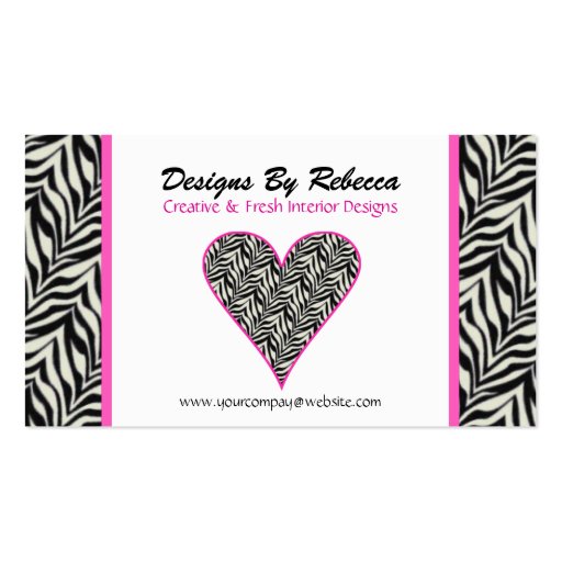 Pink Trimmed Zebra Print Heart Business Card (front side)