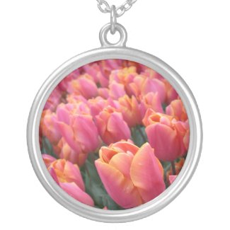 Pink Tulips Round Pendant Necklace necklace