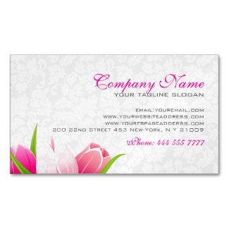 Pink Tulips White Damasks Background Magnetic Business Cards (Pack Of 25)