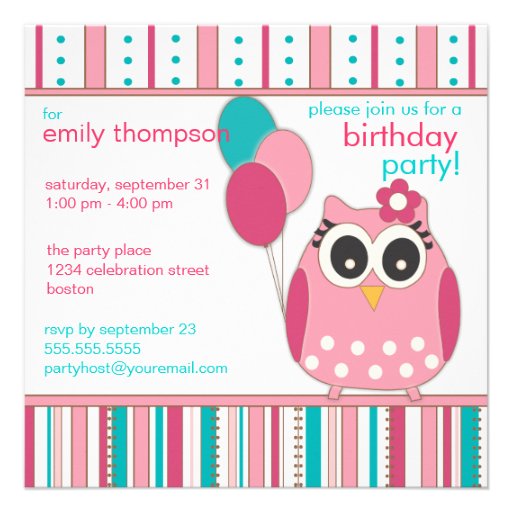 Pink Turquoise Girly Owl Birthday Party Invitation