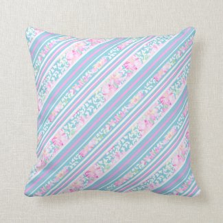 Pink, Turquoise, White Roses and Stripes Pillow