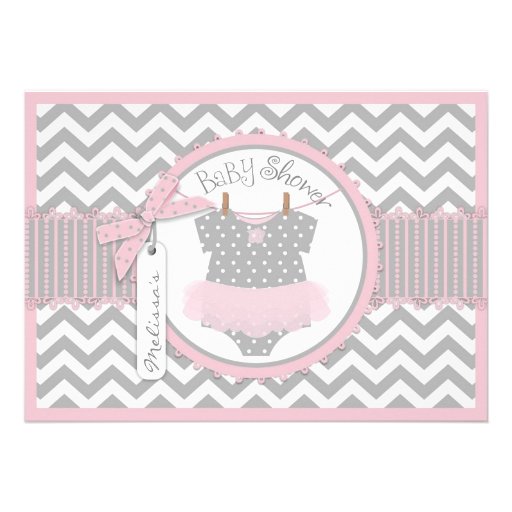 Pink Tutu and Chevron Print Baby Shower A7-PKGY Invitation (front side)