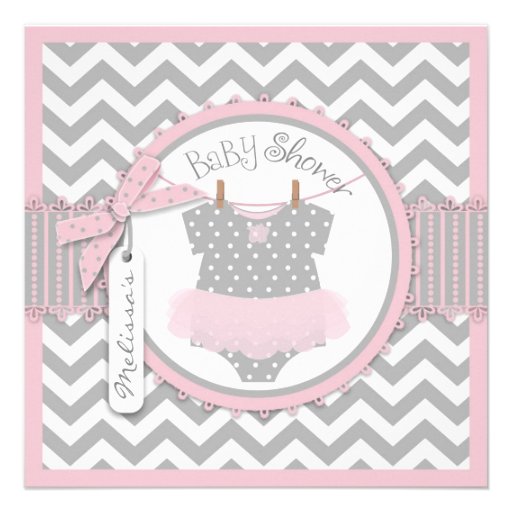 Pink Tutu and Chevron Print Baby Shower SQ-PKGY2 Personalized Announcement (front side)