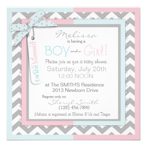 Pink Tutu & Blue Tie & Chevron Twin Baby Shower Custom Invitations