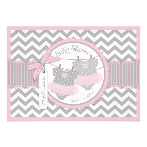 Pink Tutu & Chevron Print Baby Shower Custom Announcements (front side)