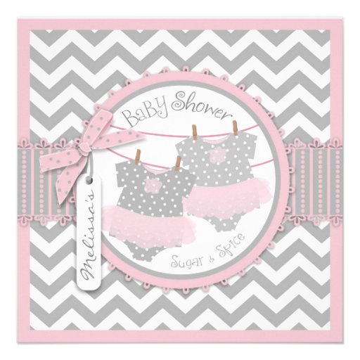 Pink Tutus & Chevron Print Baby Shower Personalized Invitations (front side)