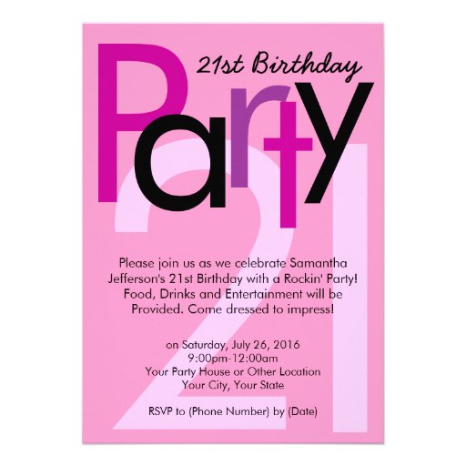 Pink Type 21st Birthday Party Invitation (front side)