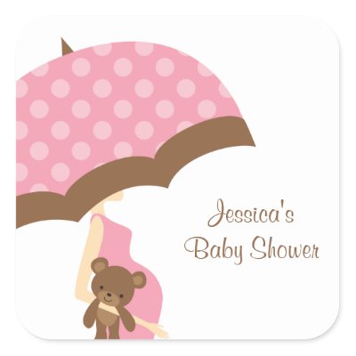 Pink Umbrella Baby Shower Stickers