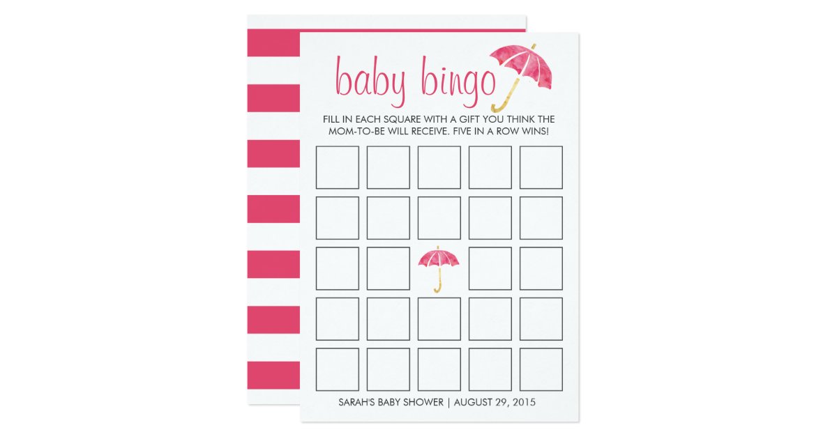 Pink Umbrellas Baby Shower Bingo Card Game Zazzle