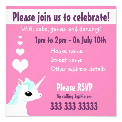 Pink Unicorn Customisable Birthday Invitation