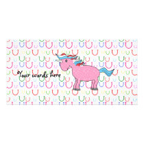 Pink unicorn on horseshoes picture card