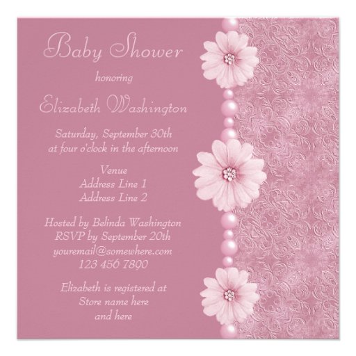Pink Vintage Baby Shower Bling Flowers & Pearls Custom Invite