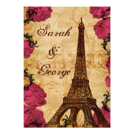  Pink vintage eiffel tower Paris wedding invite 