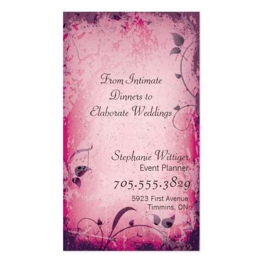Pink Vintage Event Planner Leafy Business Card (back side)
