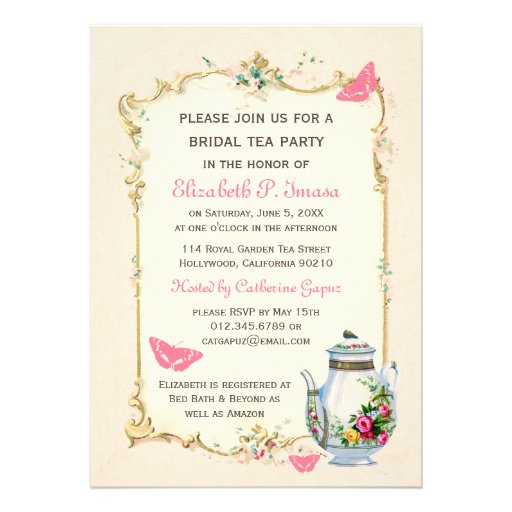 Vintage  Bridal Party  teacup Pink invitations French Card Tea Invitation Paper  5x7 vintage