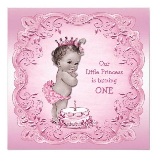 Pink Vintage Princess 1st Birthday Party Announcements
