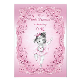 Pink Vintage Princess Ballerina 1st Birthday Party 5x7 Paper Invitation Card