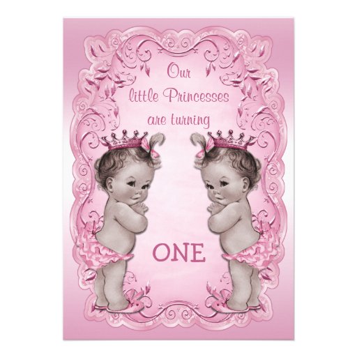 Pink Vintage Princess Twins 1st Birthday Personalized Invite (front side)